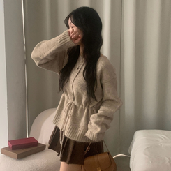 메리 리본 울 보트넥 스트링 루즈핏 니트가디건 베이지