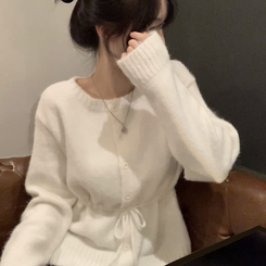 메리 리본 울 보트넥 스트링 루즈핏 니트가디건 아이보리