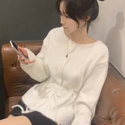 메리 리본 울 보트넥 스트링 루즈핏 니트가디건 아이보리