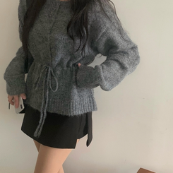 메리 리본 울 보트넥 스트링 루즈핏 니트가디건 그레이