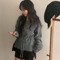 메리 리본 울 보트넥 스트링 루즈핏 니트가디건 그레이