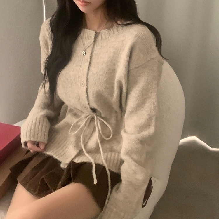 메리 리본 울 보트넥 스트링 루즈핏 니트가디건 베이지