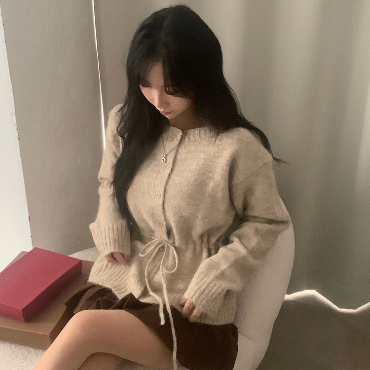 메리 리본 울 보트넥 스트링 루즈핏 니트가디건 베이지