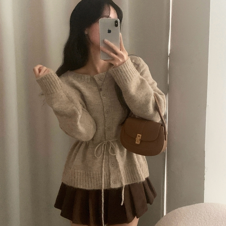 메리 리본 울 보트넥 스트링 루즈핏 니트가디건 베이지