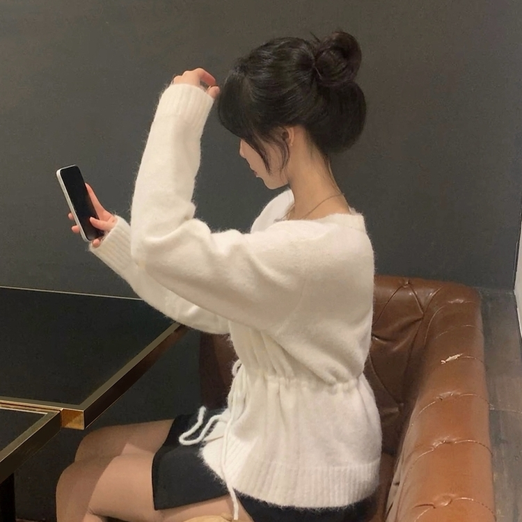 메리 리본 울 보트넥 스트링 루즈핏 니트가디건 아이보리