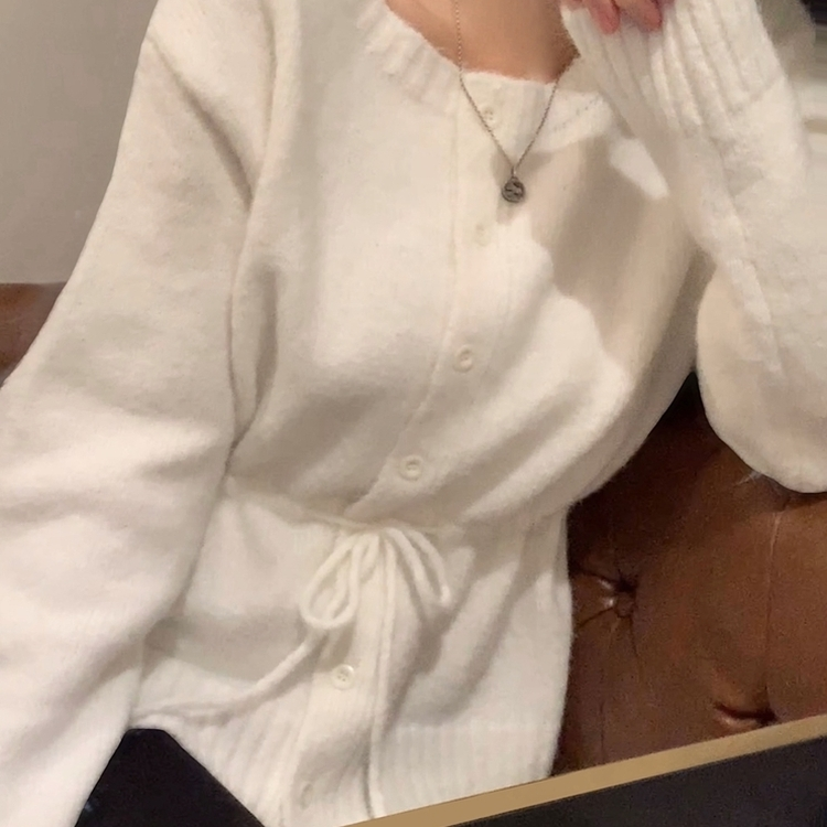 메리 리본 울 보트넥 스트링 루즈핏 니트가디건 아이보리
