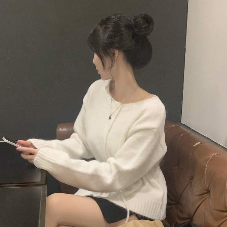 메리 리본 울 보트넥 스트링 루즈핏 니트가디건 아이보리