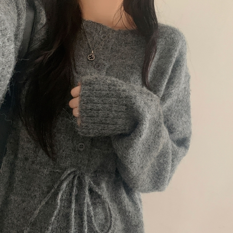 메리 리본 울 보트넥 스트링 루즈핏 니트가디건 그레이