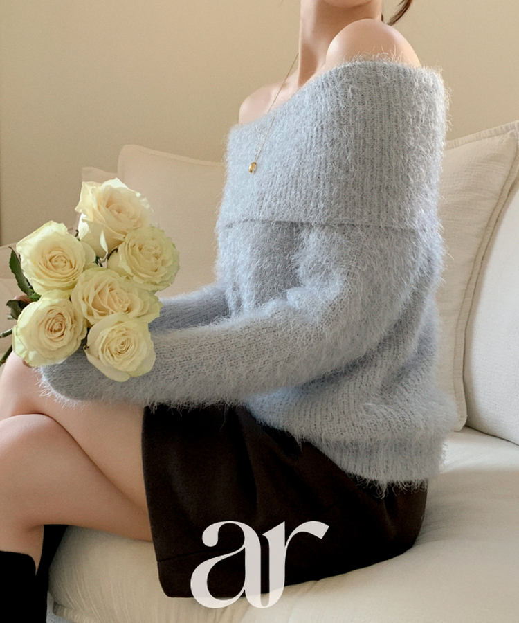 (ショールラインポイント♥ / ふわふわ / 華奢フィット)   ソルニードル ファー オフショルダーニット   SKYBLUE