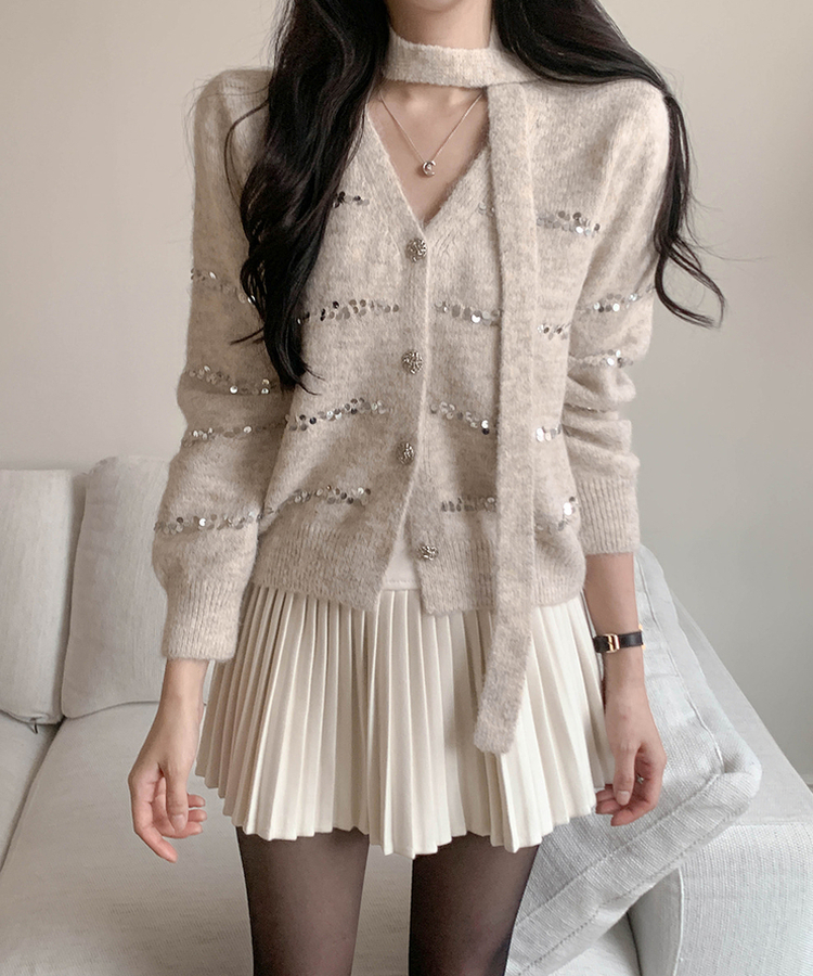 럭스 스팽글 머플러 가디건 플리츠 스커트 세트 아이보리