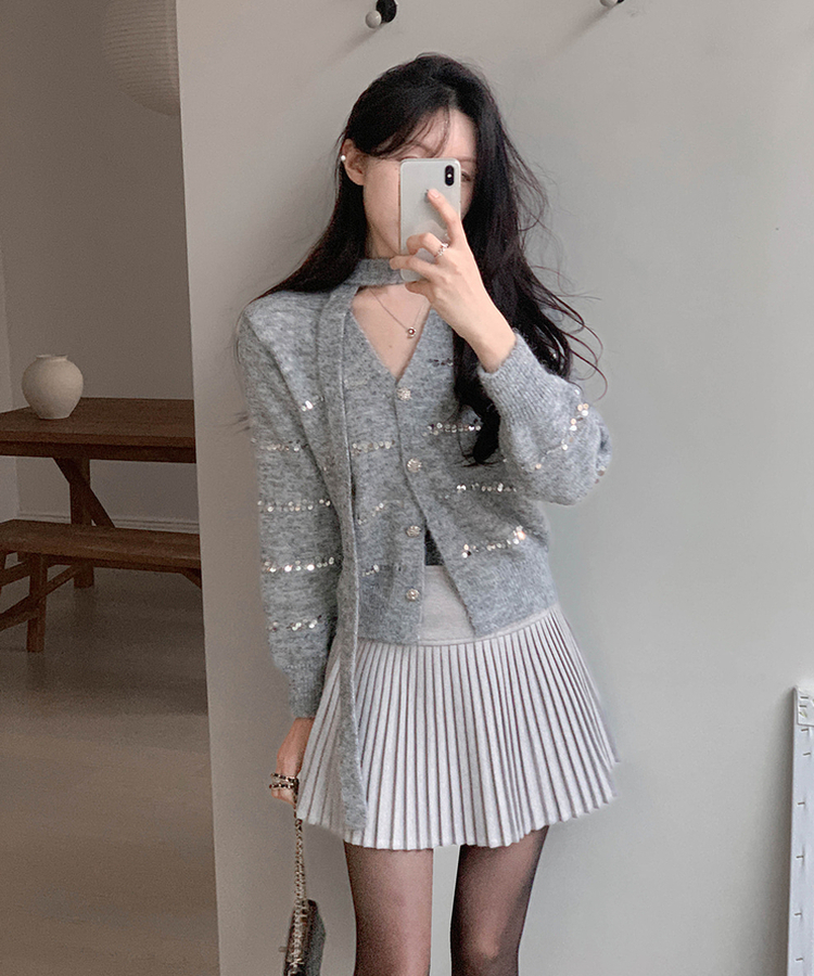럭스 스팽글 머플러 가디건 플리츠 스커트 세트 그레이