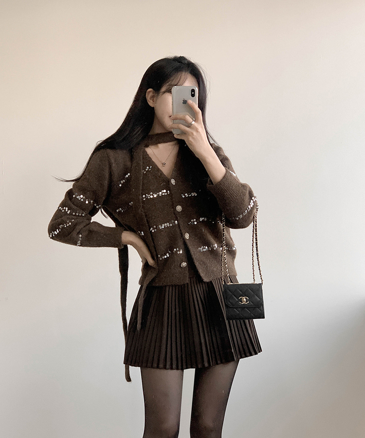 럭스 스팽글 머플러 가디건 플리츠 스커트 세트 브라운