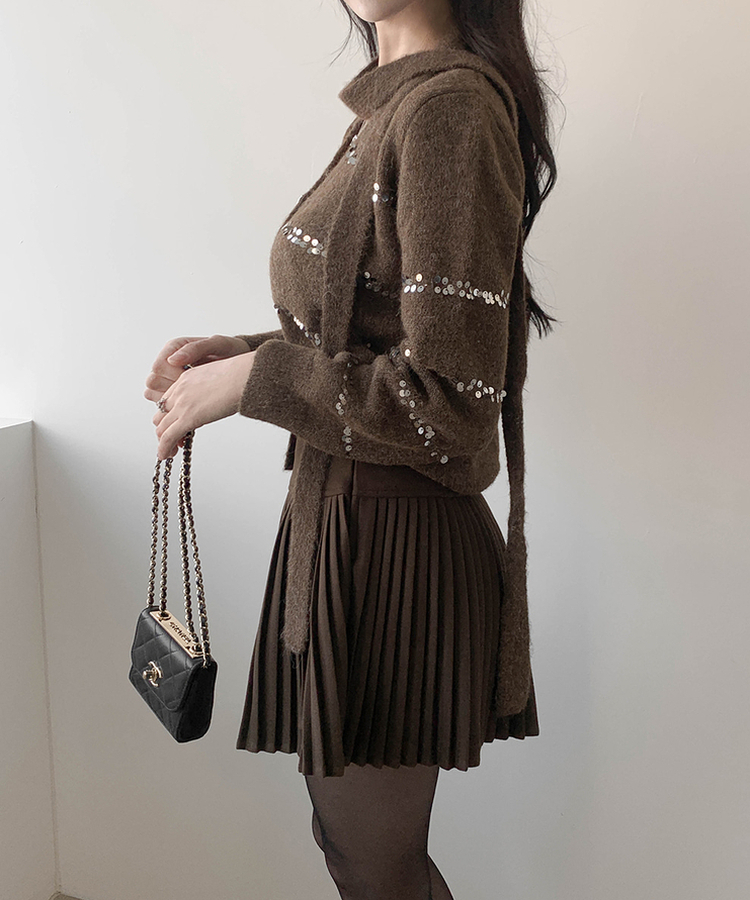럭스 스팽글 머플러 가디건 플리츠 스커트 세트 브라운