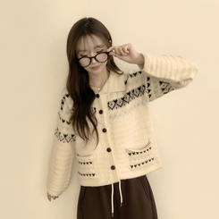 귀여움 보장하는 퍼지 노르딕 버튼 카라 겨울 오버핏 포켓 니트 가디건  베이지