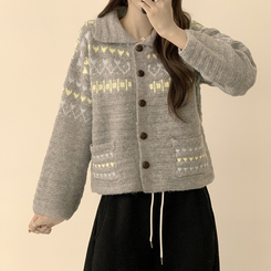 귀여움 보장하는 퍼지 노르딕 버튼 카라 겨울 오버핏 포켓 니트 가디건  그레이