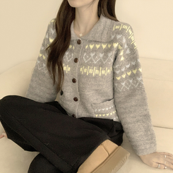 귀여움 보장하는 퍼지 노르딕 버튼 카라 겨울 오버핏 포켓 니트 가디건  그레이