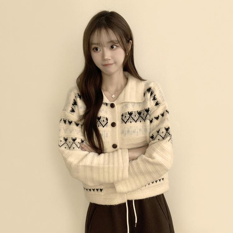 귀여움 보장하는 퍼지 노르딕 버튼 카라 겨울 오버핏 포켓 니트 가디건  베이지