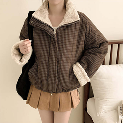 チェックリバーシブルボアウールダウンジャンパー BROWN