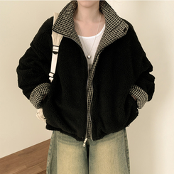 チェックリバーシブルボアウールダウンジャンパー BLACK