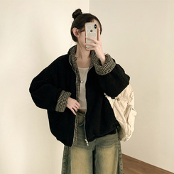 チェックリバーシブルボアウールダウンジャンパー BLACK