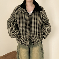 チェックリバーシブルボアウールダウンジャンパー BLACK