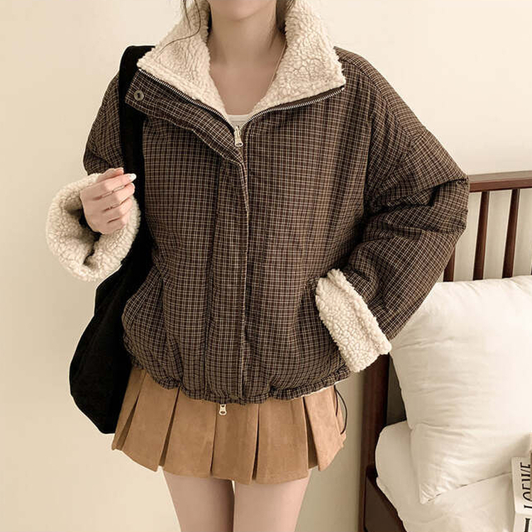 チェックリバーシブルボアウールダウンジャンパー BROWN