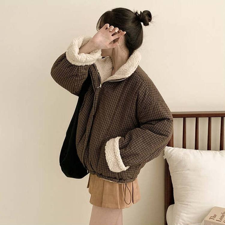 チェックリバーシブルボアウールダウンジャンパー BROWN