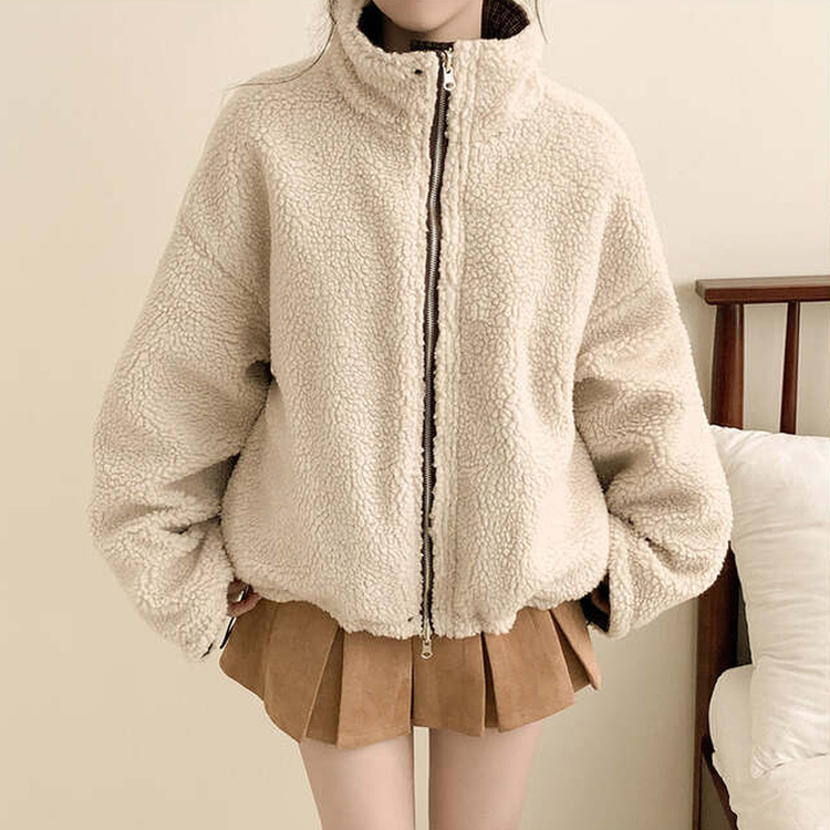 チェックリバーシブルボアウールダウンジャンパー BROWN