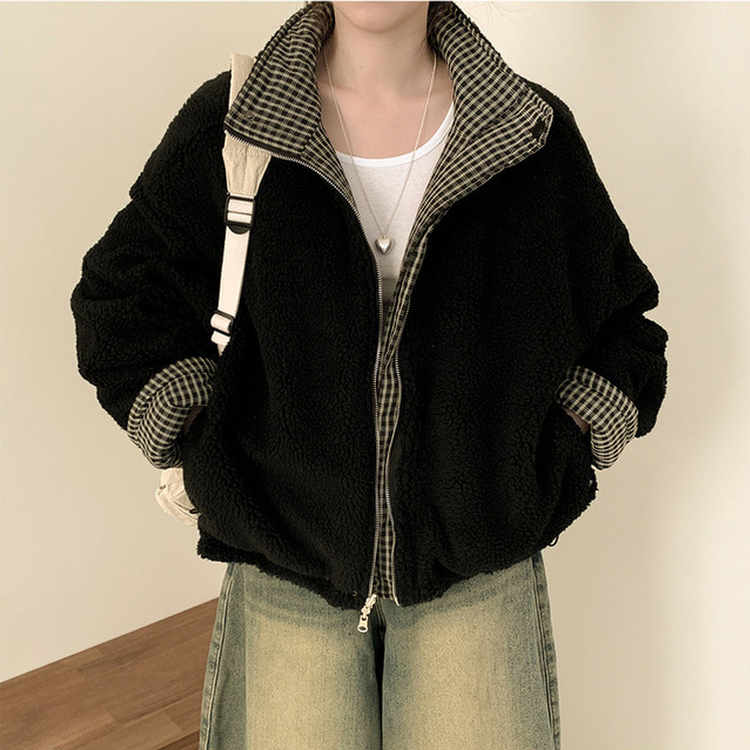 チェックリバーシブルボアウールダウンジャンパー BLACK