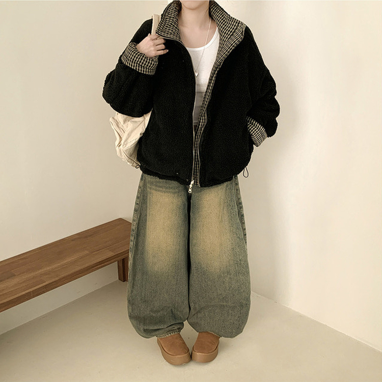 チェックリバーシブルボアウールダウンジャンパー BLACK