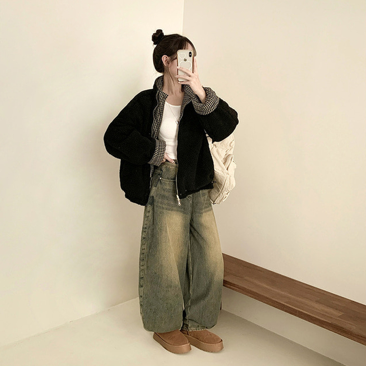 チェックリバーシブルボアウールダウンジャンパー BLACK