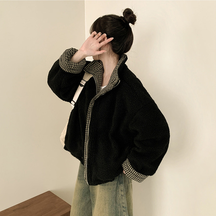 チェックリバーシブルボアウールダウンジャンパー BLACK