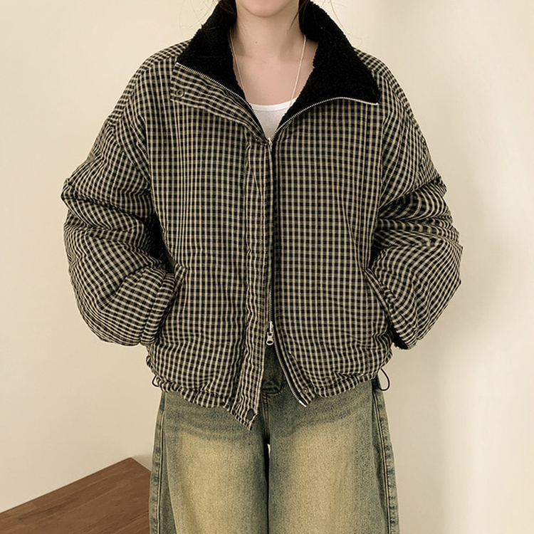 チェックリバーシブルボアウールダウンジャンパー BLACK