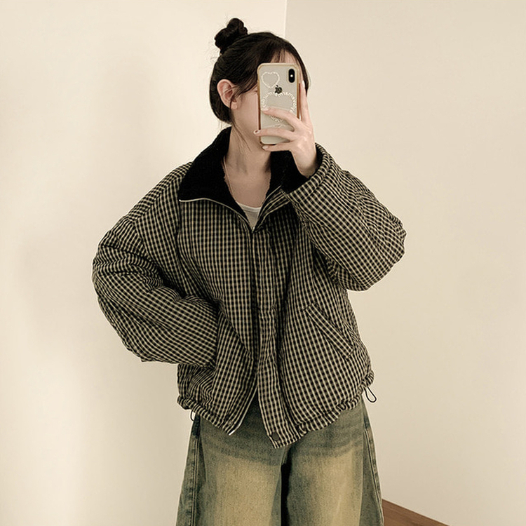 チェックリバーシブルボアウールダウンジャンパー BLACK