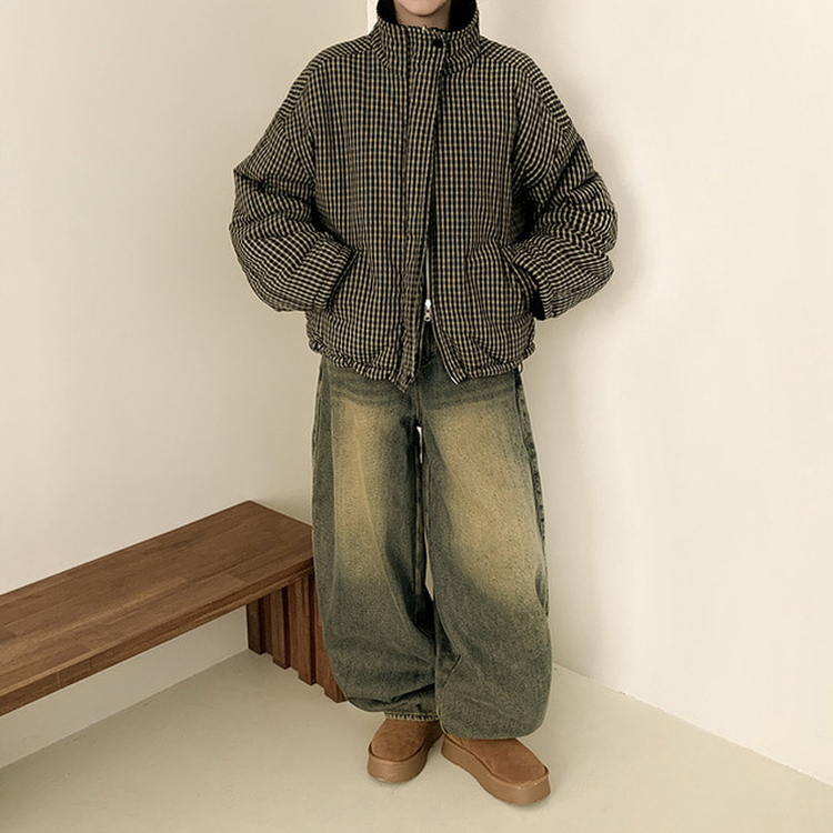 チェックリバーシブルボアウールダウンジャンパー BLACK