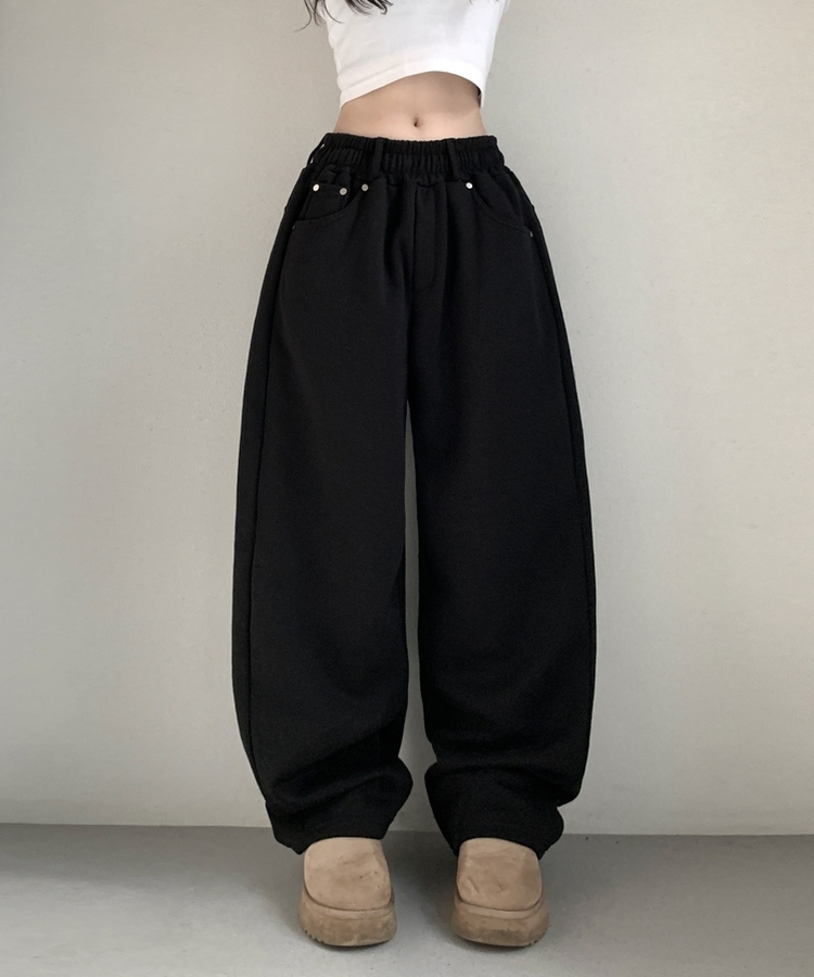 피넛 벨트 오버 일자핏 코튼 기모 롱 트레이닝 팬츠 블랙