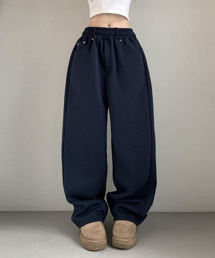 피넛 벨트 오버 일자핏 코튼 기모 롱 트레이닝 팬츠 곤색