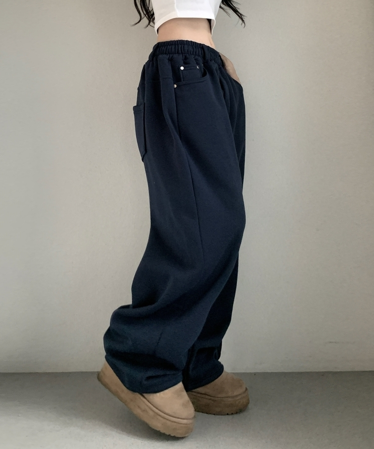 피넛 벨트 오버 일자핏 코튼 기모 롱 트레이닝 팬츠 곤색