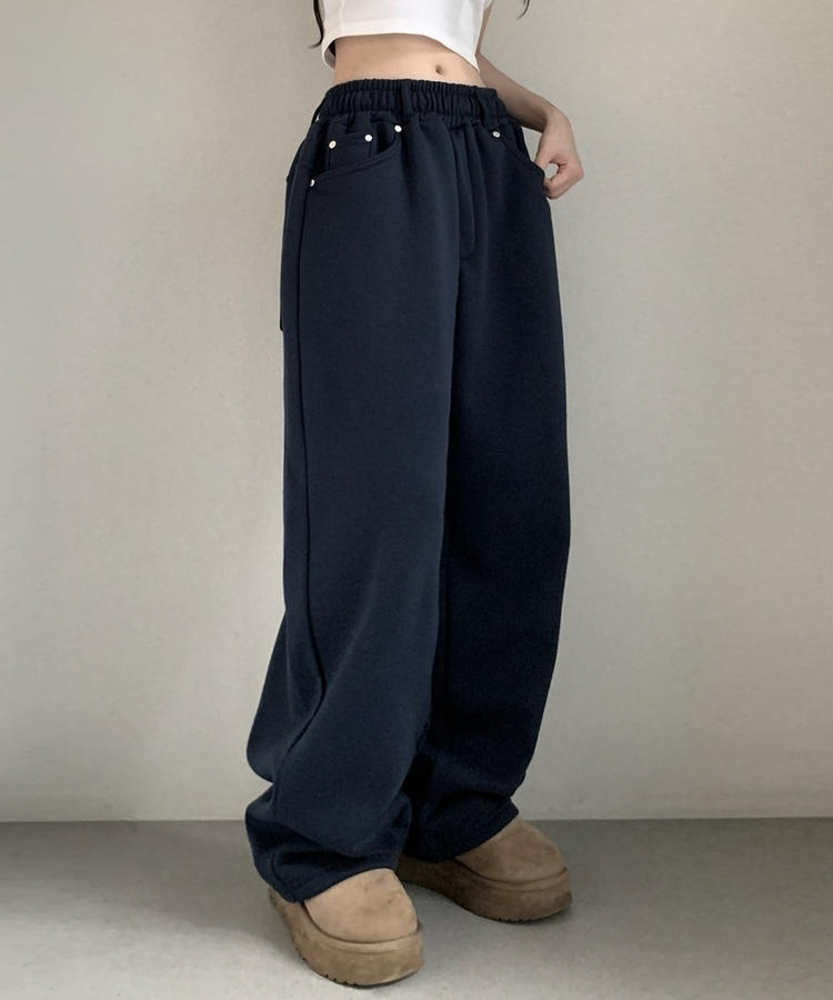 피넛 벨트 오버 일자핏 코튼 기모 롱 트레이닝 팬츠 곤색