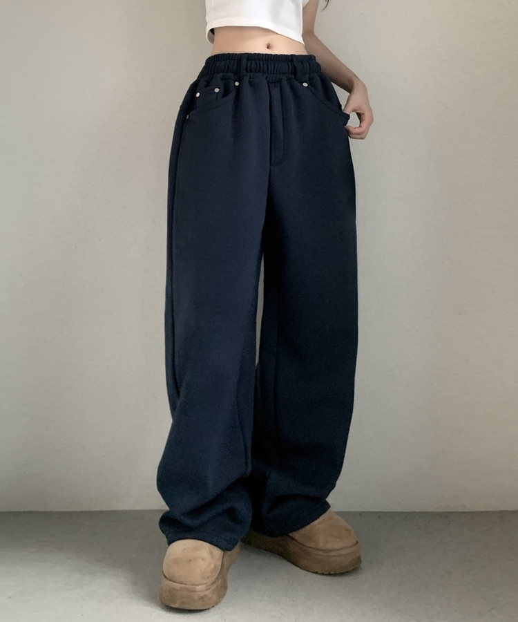 피넛 벨트 오버 일자핏 코튼 기모 롱 트레이닝 팬츠 곤색