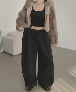 【丈別】【起毛】ジョガーワイドバンディングパンツ BLACK