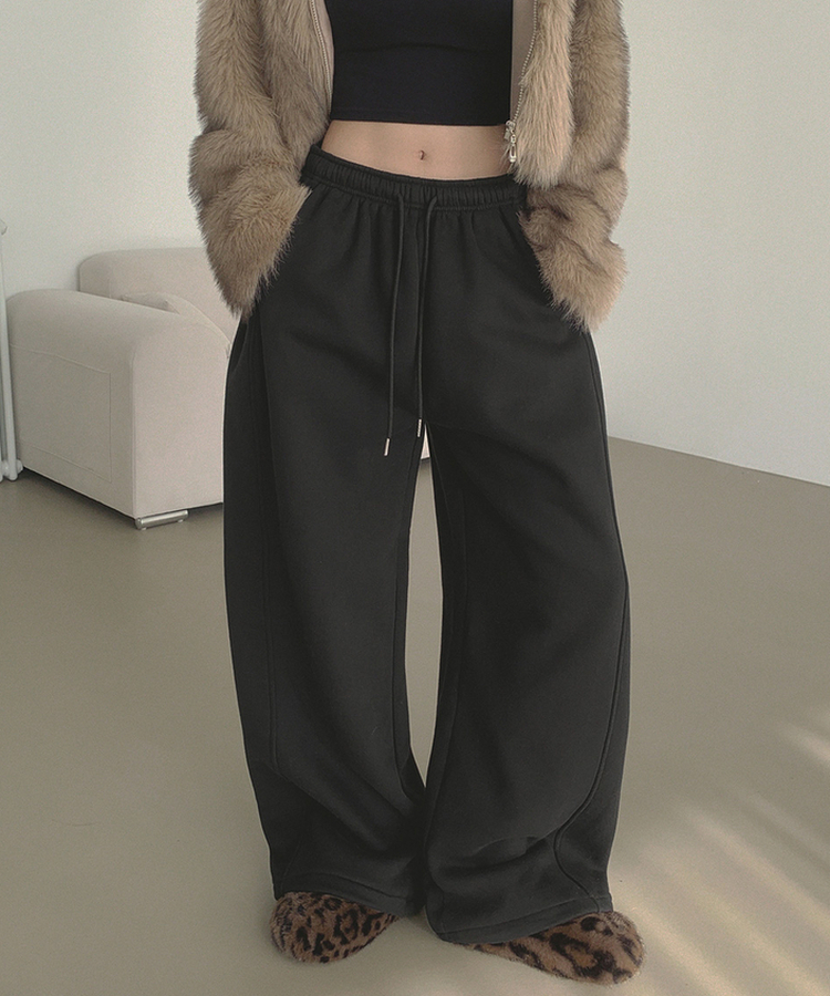 【丈別】【起毛】ジョガーワイドバンディングパンツ BLACK