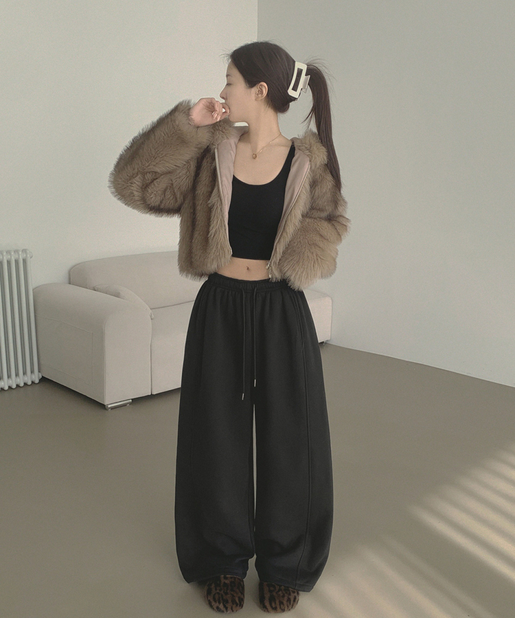 【丈別】【起毛】ジョガーワイドバンディングパンツ BLACK