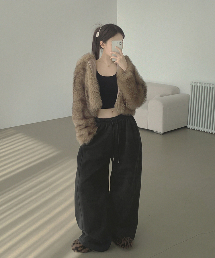 【丈別】【起毛】ジョガーワイドバンディングパンツ BLACK