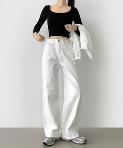 【丈別】【起毛】スパンワイドデニムパンツ(5color) IVORY