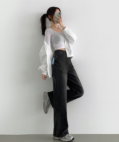 【丈別】【起毛】スパンワイドデニムパンツ(5color) BLACK DENIM