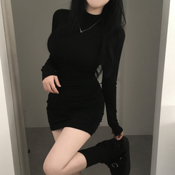 シャーリングタートルミニワンピース BLACK