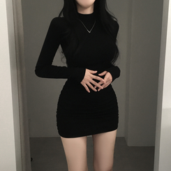 シャーリングタートルミニワンピース BLACK