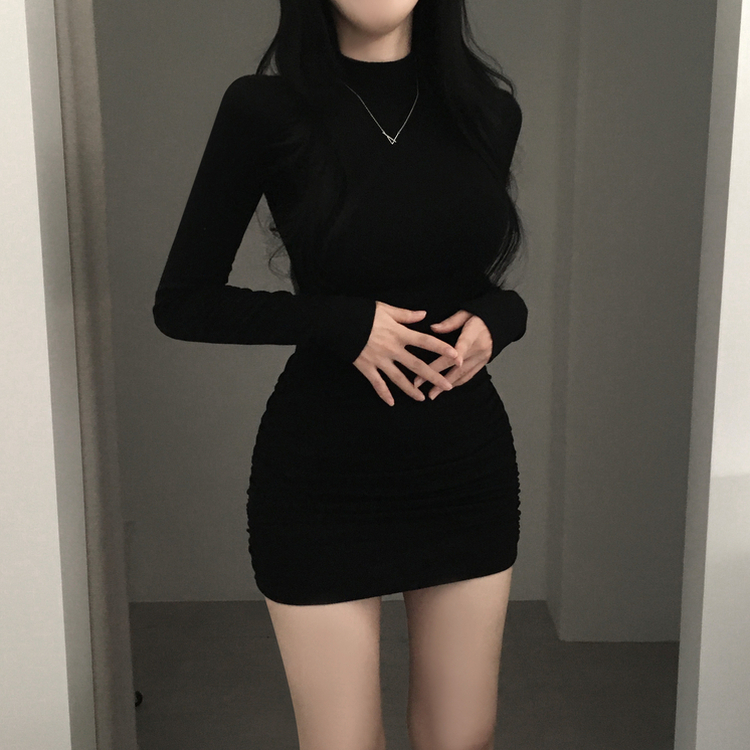 シャーリングタートルミニワンピース BLACK