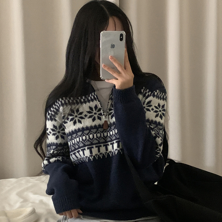 ノルディックハーフジップアップハイネックニット DARK BLUE